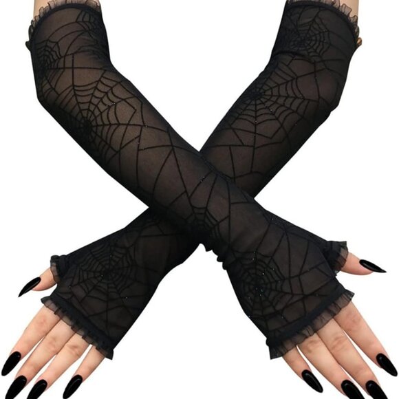 Goth Arm Warmers Fingerless Gloves for Women Gothic Steampunk Accessories Black - Picture 2 of 9